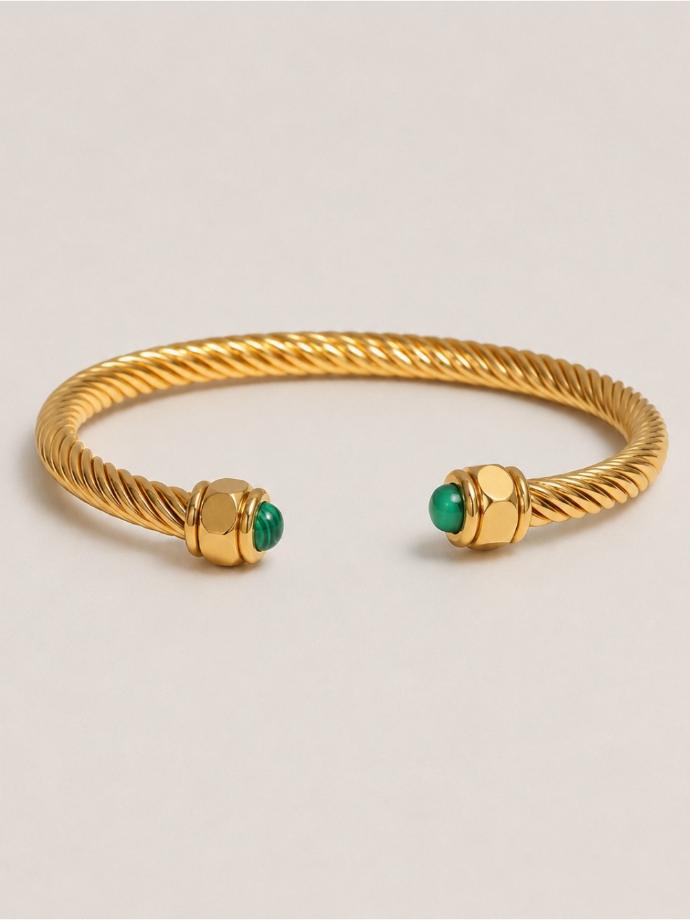 Gold-Tone Twisted Open Cuff with Green Cabochons